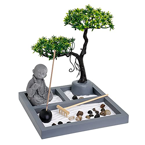 London Boutique Zen Garden Little Buddha - Incense Holder - White Sand - Decorative Stones - Wooden Shovel - Rectangular Base