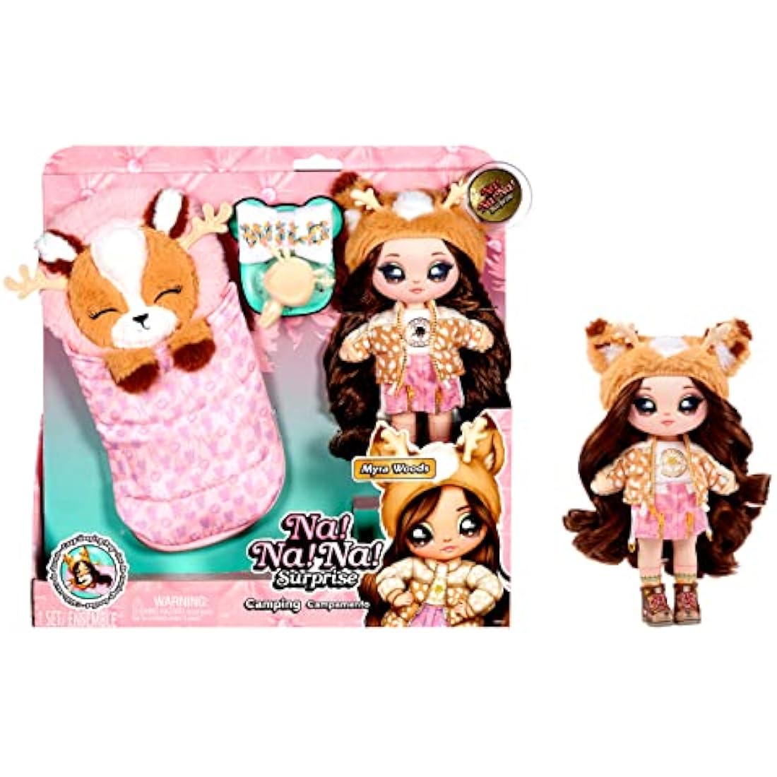 Surprise Camping Series - MYRA WOODS - Deer Inspired Soft Plush Fashion Doll with Brown Hair & Cosy Animal Sleeping Bag - Includes Outfit, Pillow, & Brush - Collectable - For Kids Ages 5+, 28 CM