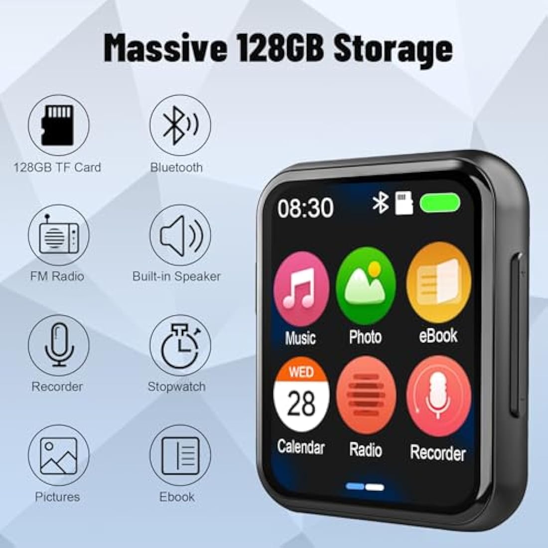 128GB MP3 Player with Bluetooth 5.3, Portable Digital Lossless Music Player with Built-in Speaker, 2.0 in Full Touch Screen, HiFi Sound, FM Radio, Voice Recorder, Earphones Included