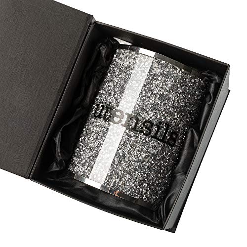 Crystal Utensil Holders Sparkle Crushed Diamond Filled Silver Metal Frame Round Cylinder 6.3 Inches Height Gift Box