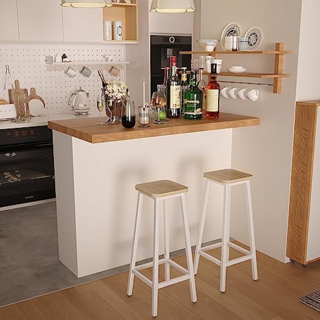 YMYNY Bar Stools Square Base Set of 2, Tall Breakfast Bar Stools with Footrest for Kitchen, Industrial Style, for Dining Room, Party Room, 29.5 x 29.5 x 70CM, Natural & White HBS511R