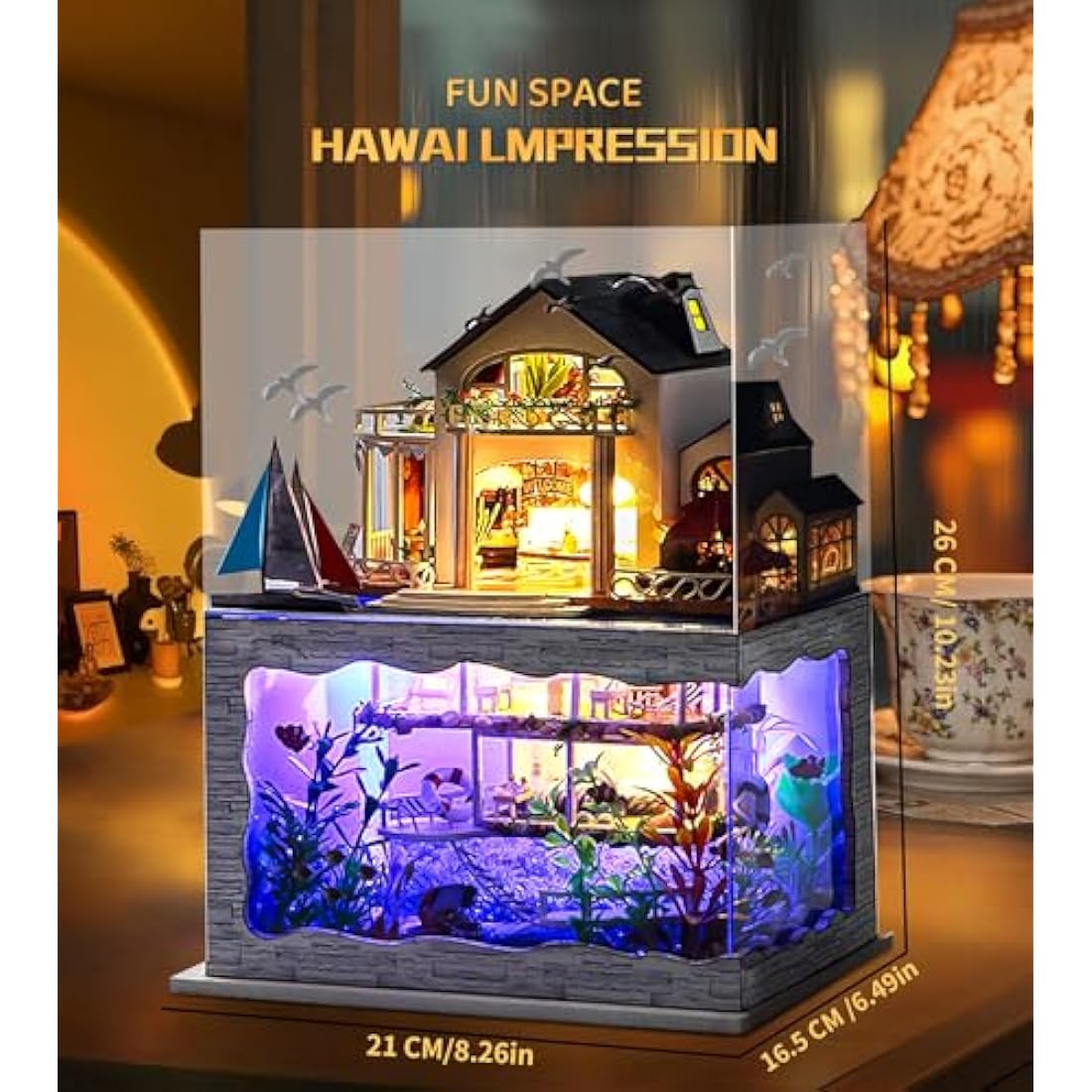 Spilay Diy Miniature House Kit, Wooden Dollhouse Kit with Furniture and Music Box, 1:24 Scale Creative Doll House Christmas Birthday Gift for Lovers Boys and Girls (Hawaii Impression)