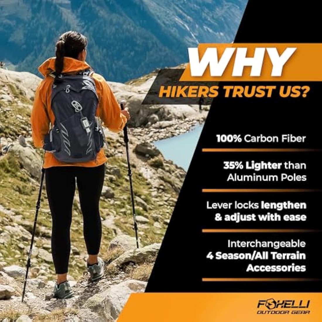 Foxelli Carbon Fiber Walking Poles – Collapsible, Lightweight, Shock-Absorbent Hiking Trekking Poles with Natural Cork Grips, Flip Locks, 4 Season/All Terrain Accessories & Carry Bag