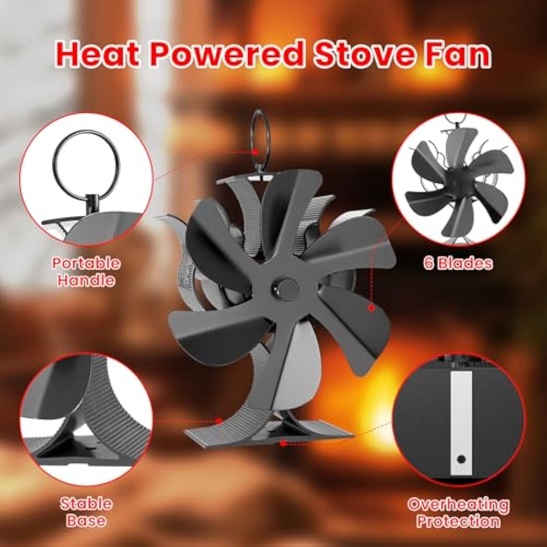 Miaton Log Burner Fan Silent Operation | 6-Blade Stove Fans for Wood Burner | Heat Powered Wood Burning Stove Fan with Log Burner Thermometer | Fireplace Accessories Tools