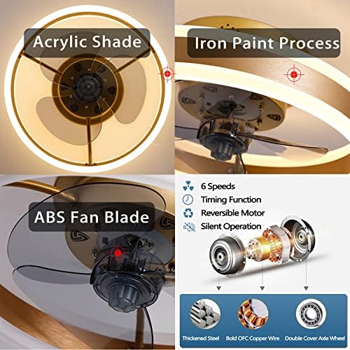 OMGPFR LED Ceiling Fan with Lights, Reversible Remote, 6 Speeds Modern Bedroom Fan Light, Quiet Dimmable Small Ceiling Light for Living Room, Gold 50CM