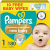 Pampers Premium Protection New Baby Size 1, 180 Nappies, 2kg-5kg, Monthly Pack + Pampers Harmonie Aqua Baby Wipes 1 pack of 10 Wipes