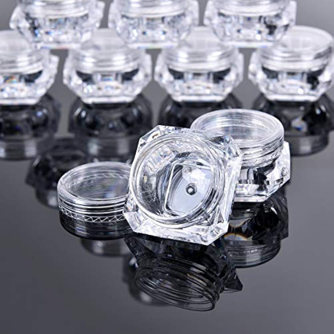50 Pcs 5g Empty Cosmetics Container Pots Transparent Travel Plastic Jars Diamond Shape with Clear Screw Lids for Cream, Sample, Powder, Makeup Storage, Includes 3 Pack Mini Spatula by Yalbdopo