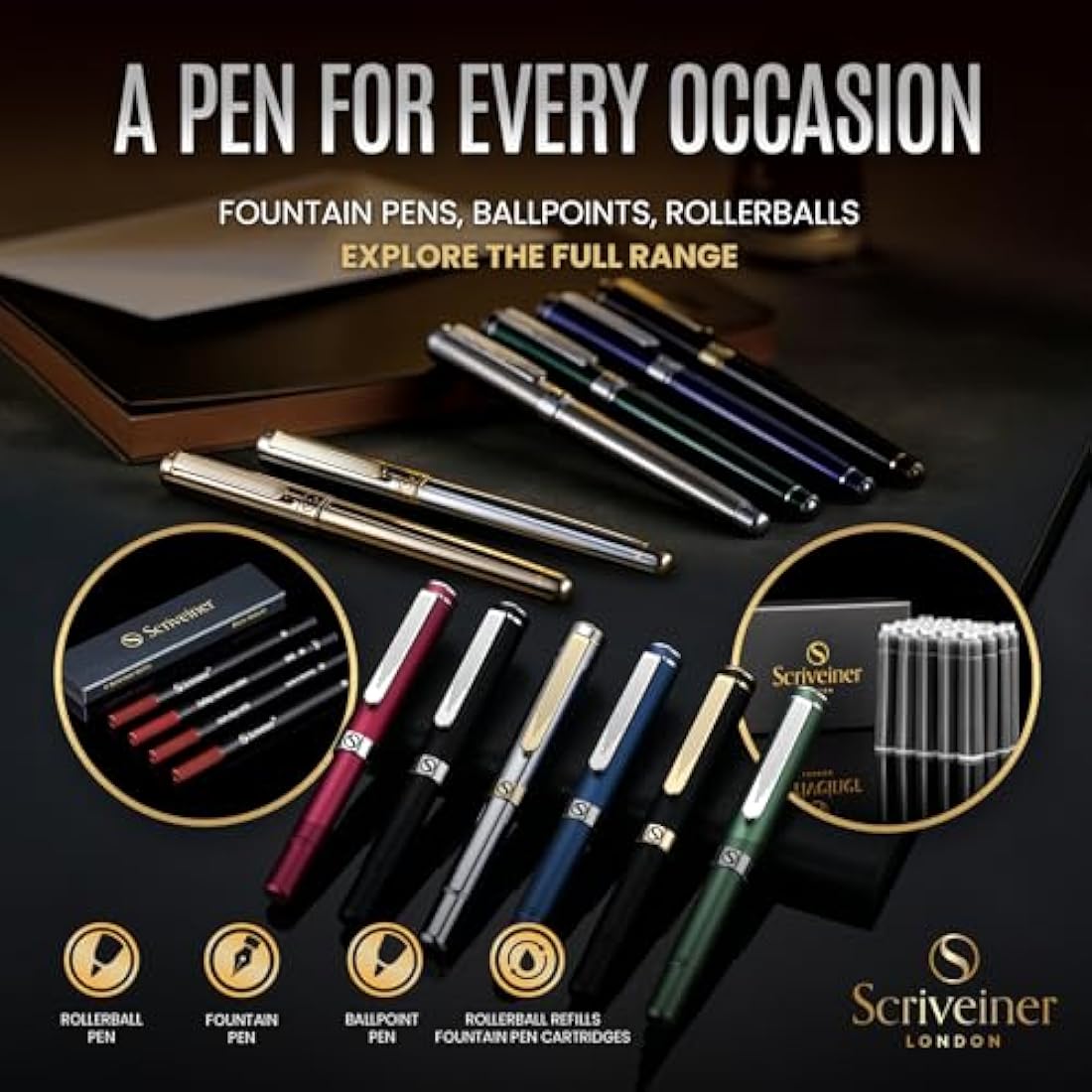 Scriveiner Luxury EDC Fountain Pen (Medium), Stunning Matt Black with Chrome Finish Pocket Pen with Genuine Schmidt Nib, Includes Converter and Spare Cartridges, Best Writing Gift Set for Men & Women
