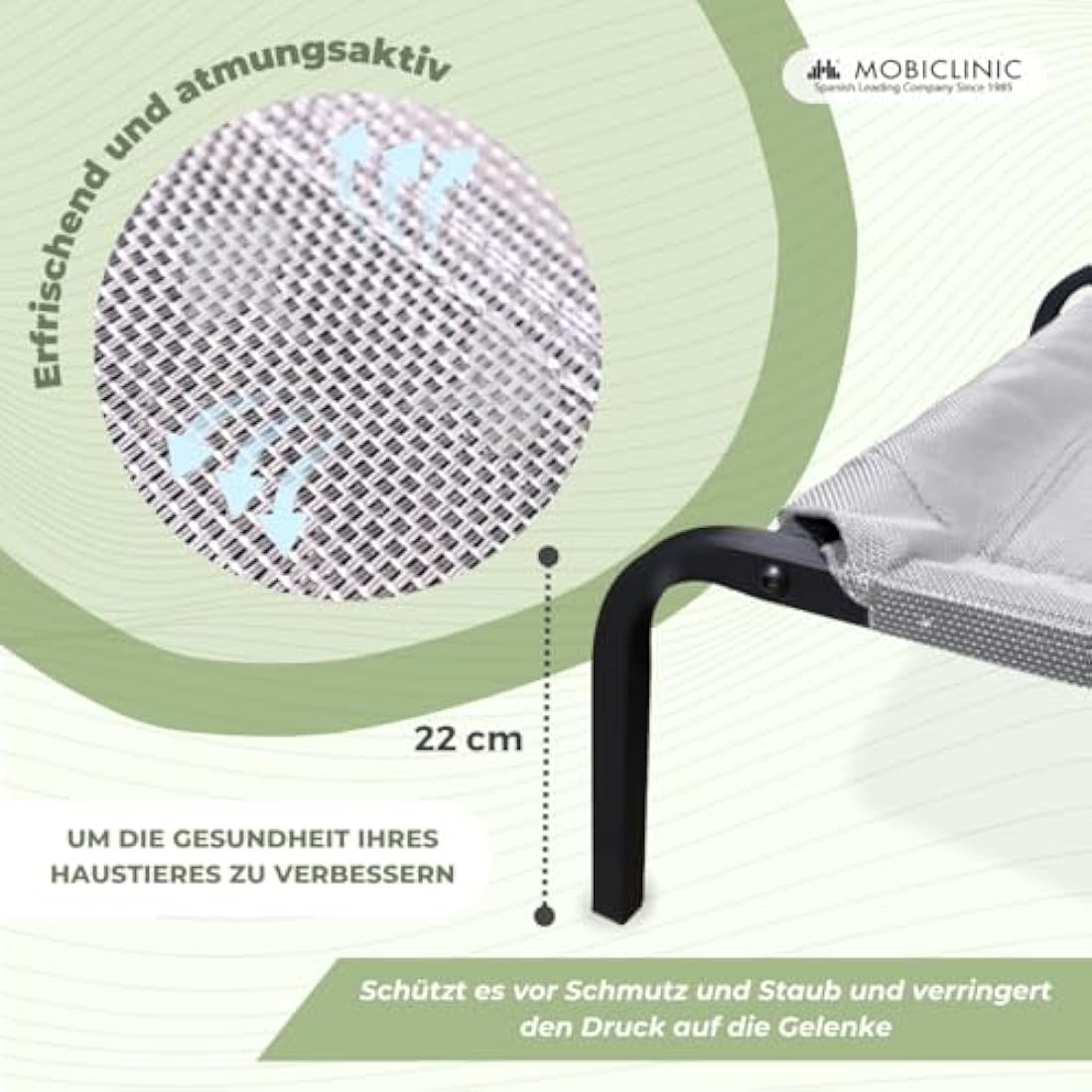 Mobiclinic®, Elevated Dog Bed, Cooling Breathable Elevated Pet Bed, 122x71x21cm, Pet Cot Elevated, Indoor and Outdoor, Easy to Clean, Dog Bed, Insulating, Tool-Free Assembly, Cleo, Max. 60 kg, Grey