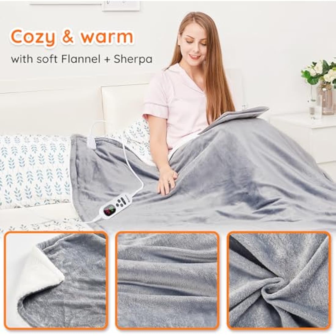 Mia&Coco Electric Heated Blanket Throw Flannel Sherpa Fast Heating 120x160cm, 10 Heat Levels & Up-to-9-Hours Auto-Off Timer & LED Display, for Home Office Use, Machine Washable, ETL Certified, Grey