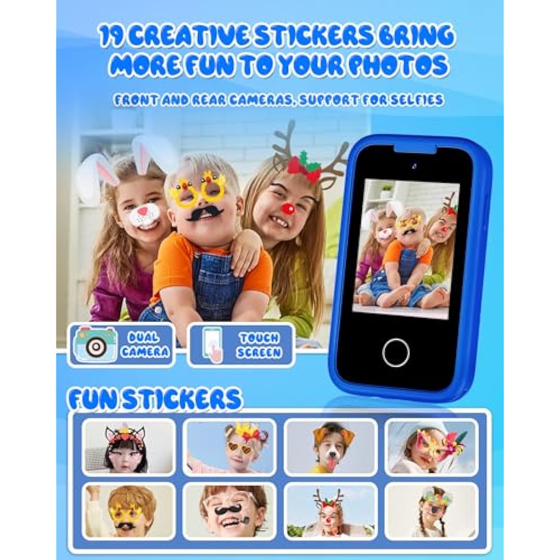 KAKTIN Kids Phone for Boys,Christmas Birthday Dinosaur Gifts for 3 4 5 6 7 8 years old Children,Touchscreen Learning Toys for girls age 3-11 with Dual Camera 8G SD Card (Dinosaur Blue)