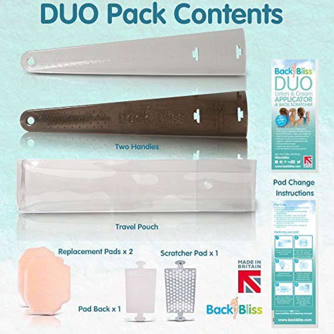 British Made Back Lotion Applicator and Back Scratcher Set - Back Bliss Solution for Hard to Reach Backs - Clear & Black Interchangeable Handles
