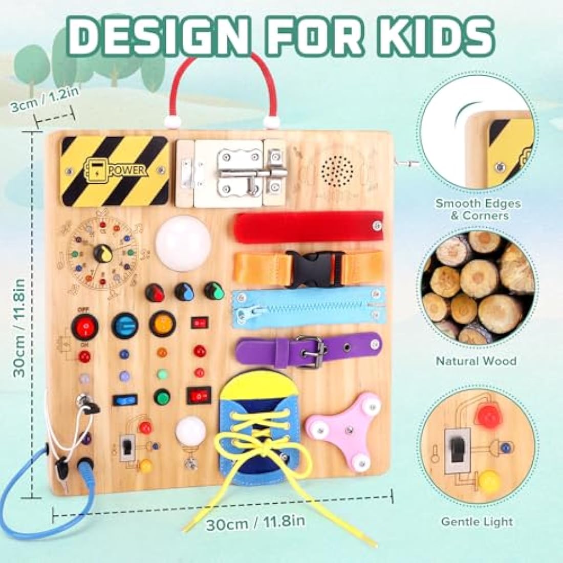 23 in 1 Busy Board Montessori Toys from 1 year Activity Board Wooden Toy With 15 Switches, 26 LED Lights, Motor Skills Toy for 1 2 3 year old boys and girls