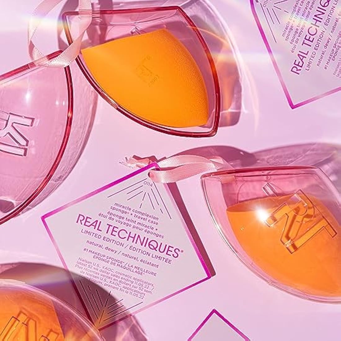 Real Techniques Miracle Complexion Sponge + Travel Case, Holiday Ornament Makeup Blending Sponge for Foundation, Includes Travel Case, Natural, Dewy Makeup, Buildable Coverage, 2 Piece Set