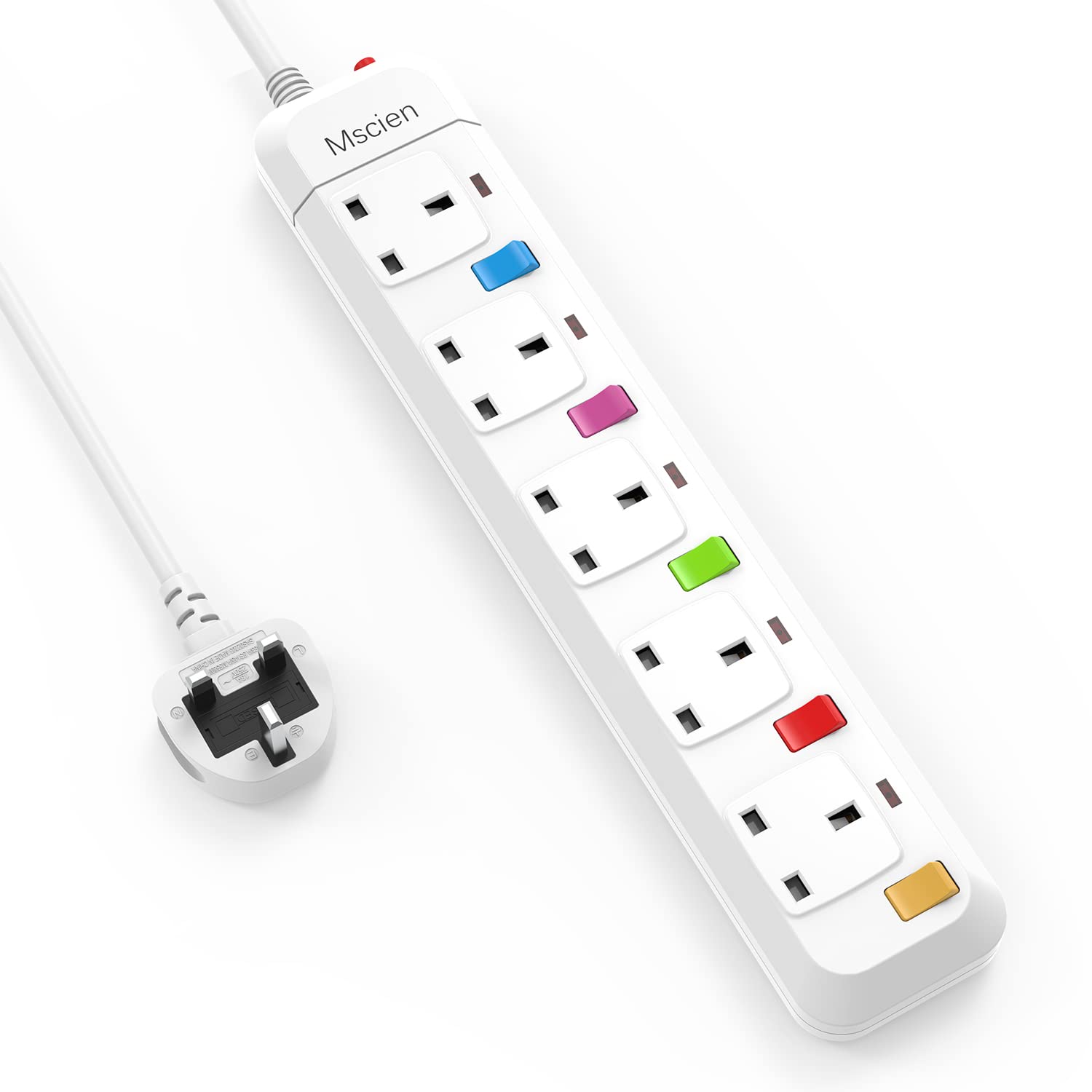Mscien Multi Scokets Extension Lead Individually Switched 5 Way Surge Protected Power Strip Wall Mountable Extension Cord 1.8M (Including Main