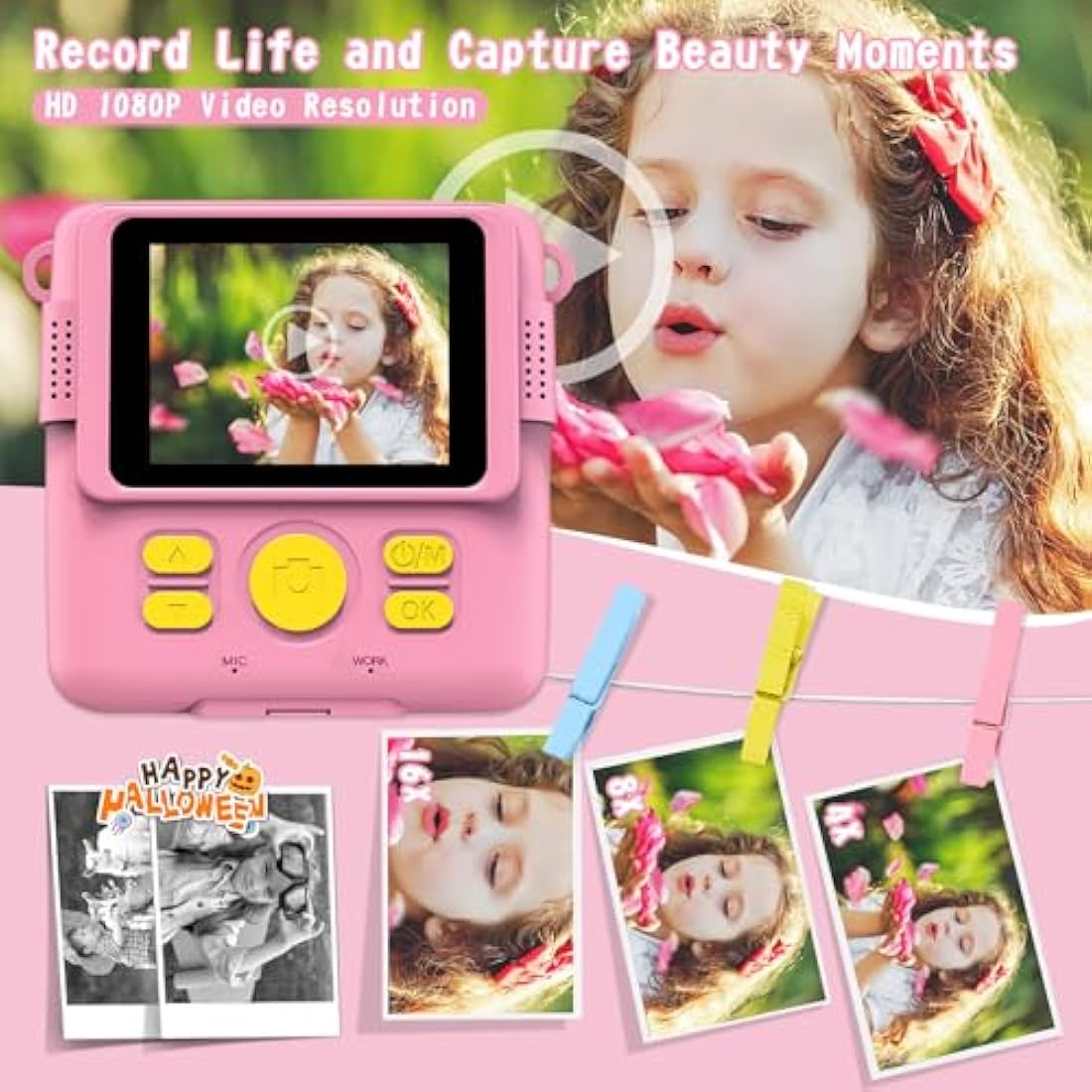 Kids Camera for Girls Boys, Kids Instant Print Camera Toy, 2.4" Screen, 1080P HD Kids Digital Camera with 3 Rolls Photo Paper, Birthday Gifts for 3 4 5 6 7 8 9 10+ Year Old, 6 Color Pen, 32GB SD Card