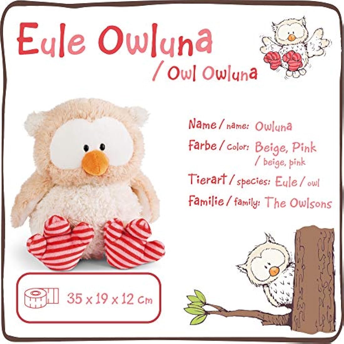 Nici 46096 Girl Cuddly Toy Owl Owluna with turnable Head 35cm, Beige/Pink, 35 cm