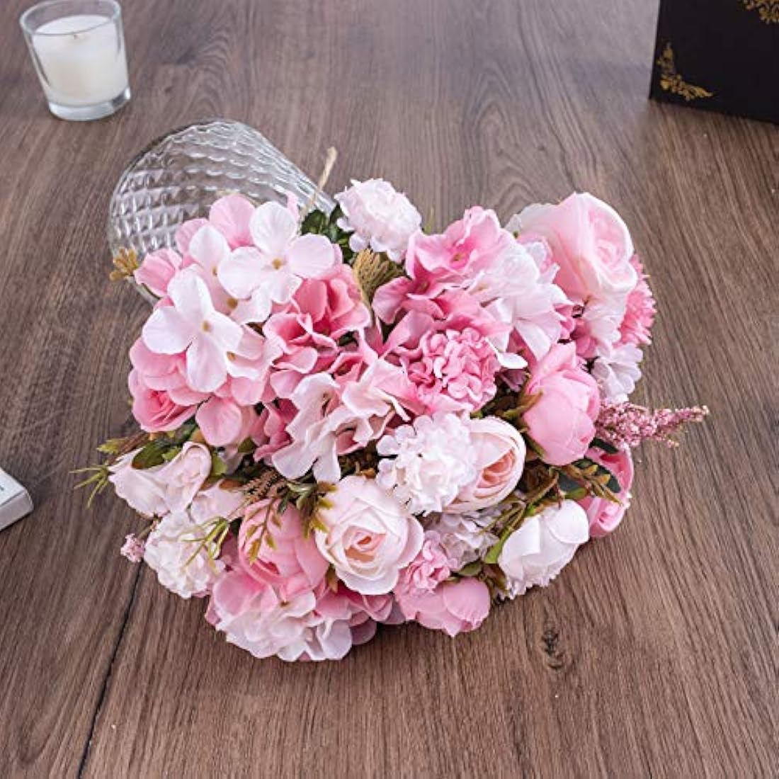 KELINGO Artificial LED Pink Rose Flowers with Glass Vase, Flower Arrangement for Table Centerpiece, Home Office Wedding Decoration