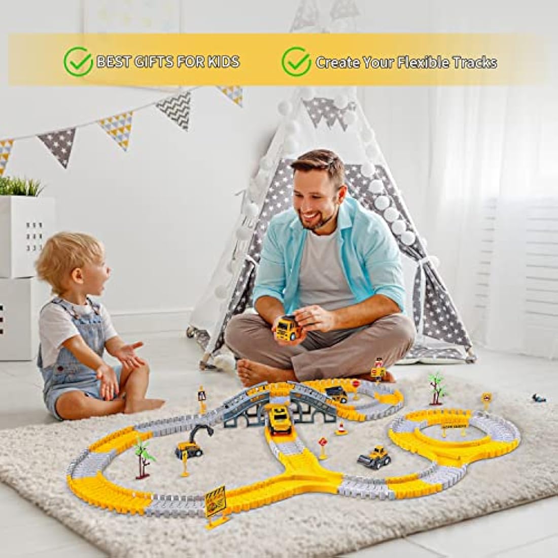 BBLIKE 255 PCS Construction Race Tracks Toy for 3 4 5 6 7 Age Year Old Boys Girls, 3 Trucks 1 Race Cars and Flexible DIY Track Set Create A Engineering Road Games Presents Toddler Toys Birthday Gifts
