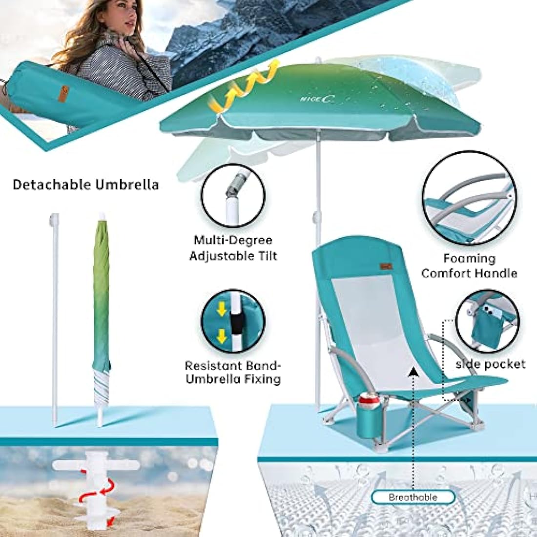 Nice C Beach Chair, Camping chair, Beach Chairs for Adults, with UPF 50 Umbrella and Cooler Bag, High Back, Cup Holder,Carry Bag,Heavy Duty, Outdoor(2 pack blue)
