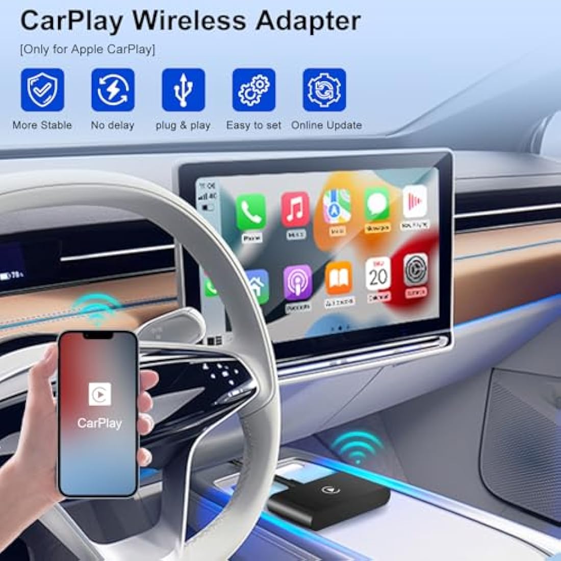 UWECAN CarPlay Wireless Adapter for iPhone, Wireless CarPlay Adapter UK for Factory Wired CarPlay Cars, Converts Wired to Wireless CarPlay, Fit for Cars from 2017-2025 & iPhone iOS 11+