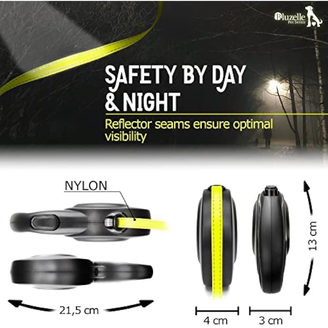 bluzelle 8m / 26ft Retractable Leash for Dogs up to 50kg / 110lbs, Bright Neon Yellow Reflector Nylon Belt with 360° Snap Hook Metal, Reliable Braking One-Hand Ergonomic Rubberized Handle, Black