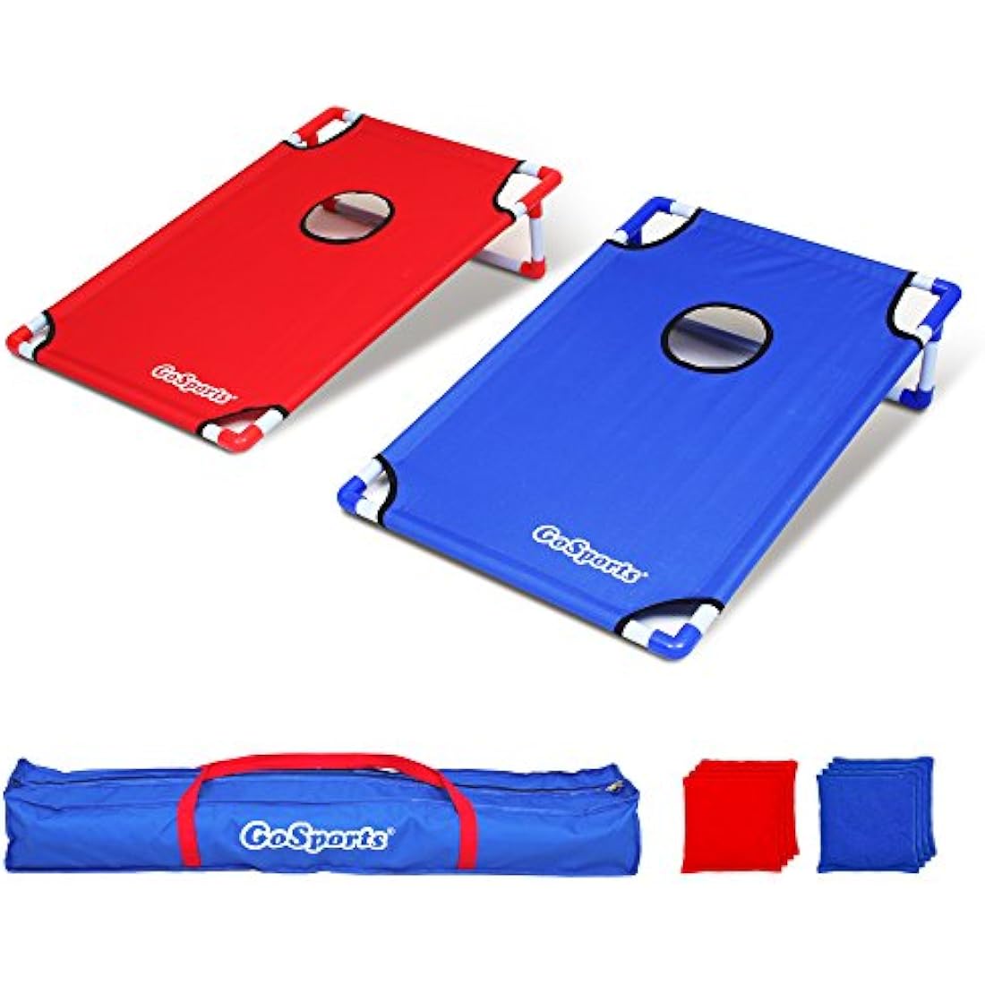 GoSports Portable PVC Framed Cornhole Game Set with 8 Bean Bags & Travel Carrying Case, Red; Blue