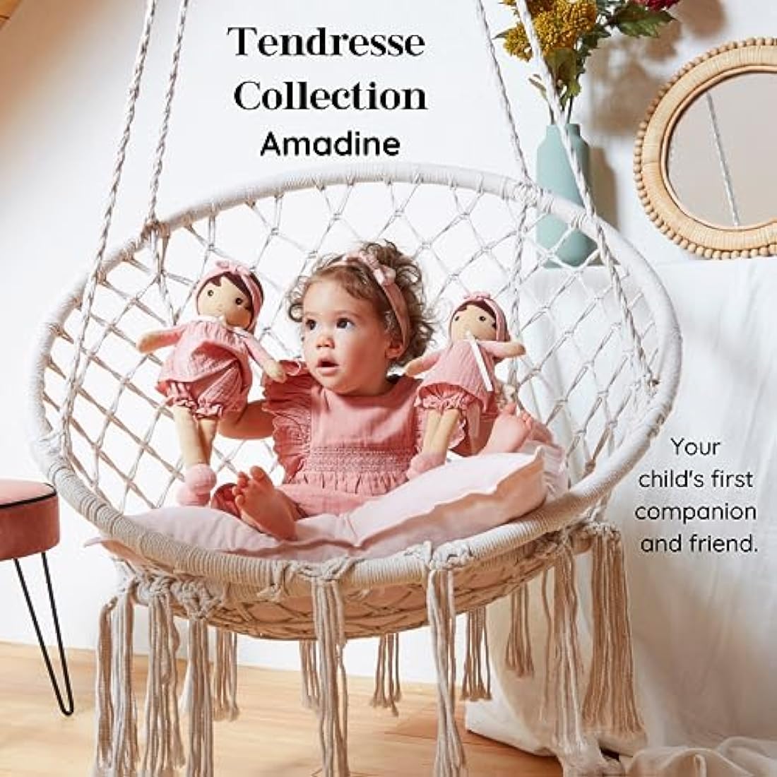 Kaloo - Tendresse - Amandine - My 1st Soft Doll - 25 cm Fabric - Pink Muslin Dress - Olive Skin - Pretty Gift Box and Customisable Ribbon - 0 Months +, K200004, MEDIUM