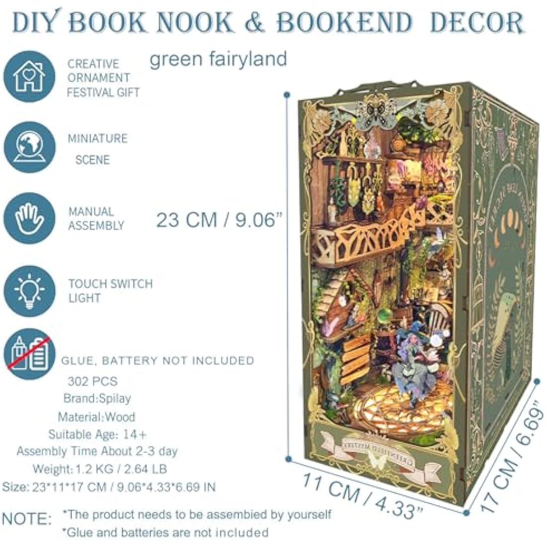 Book Nook Kits for Adults - Spilay Diy Miniature House Kit with LED 3D Wooden Puzzle Bookend, Handmade Crafts, Birthday, Christmas and Valentines Day Gifts -Creativity Kit (Green Wonderland) SQ15