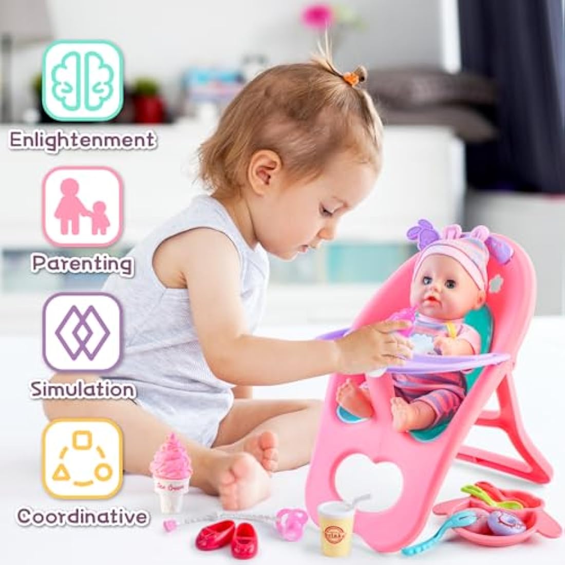 deAO ‘My First Baby Doll’ Play Set Includes Miniature Crib, High Chair, Feeding Accessories - 21 Pieces Toy Play Set (Baby Doll Included)