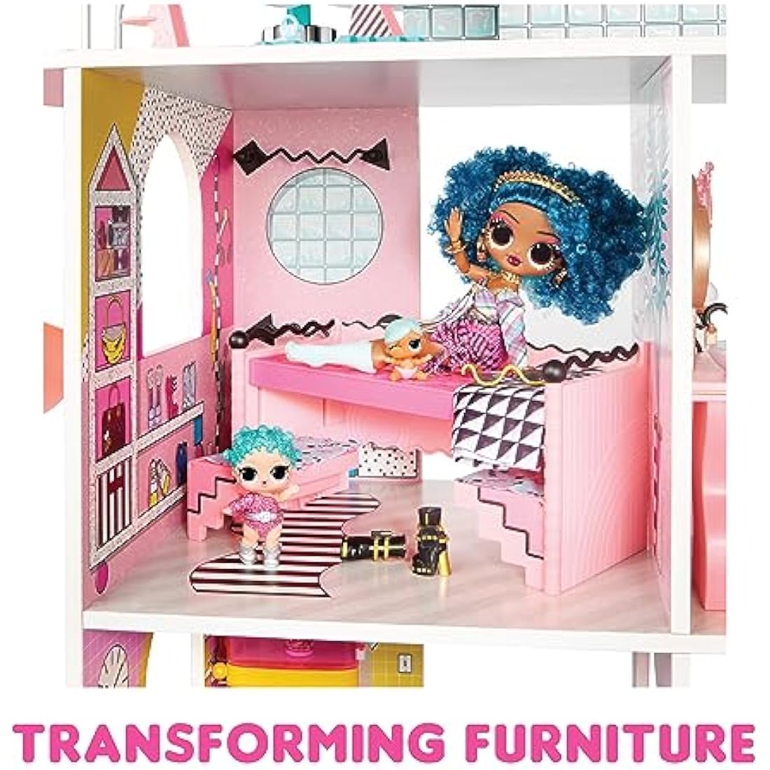 L.O.L. Surprise OMG Fashion House Playset with 85+ Surprises - Real Wood Doll House with Pool, Spiral Slide, Rooftop Patio, Cinema, Transforming Furniture, and more - Great for Kids Ages 4+