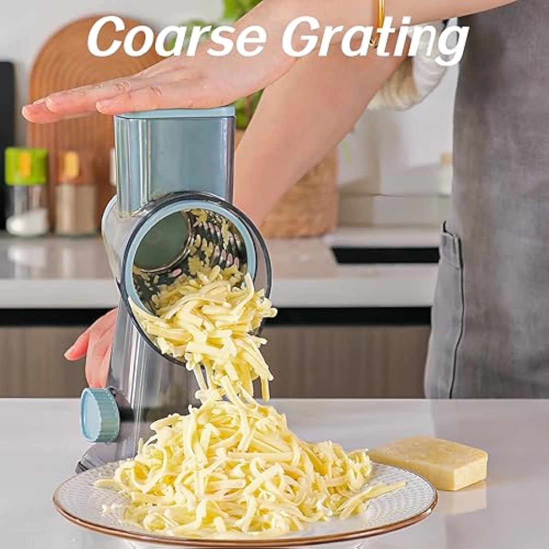 LacusMare Rotary Cheese Grater with 3 Blades for Slicing, Coarse Grating & Fine Shredding, Graters for Kitchen with Stable Suction Base, Vegetable Slicer for Cucumber, Carrot, Potato, Nuts (Gray)