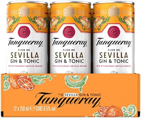 Tanqueray Flor de Sevilla Gin & Tonic | 6.5% vol | 12 x 250ml | Ready to Drink Cans | Bittersweet Taste of Seville Oranges & Tanqueray London Dry Gin | Mixed with Tonic