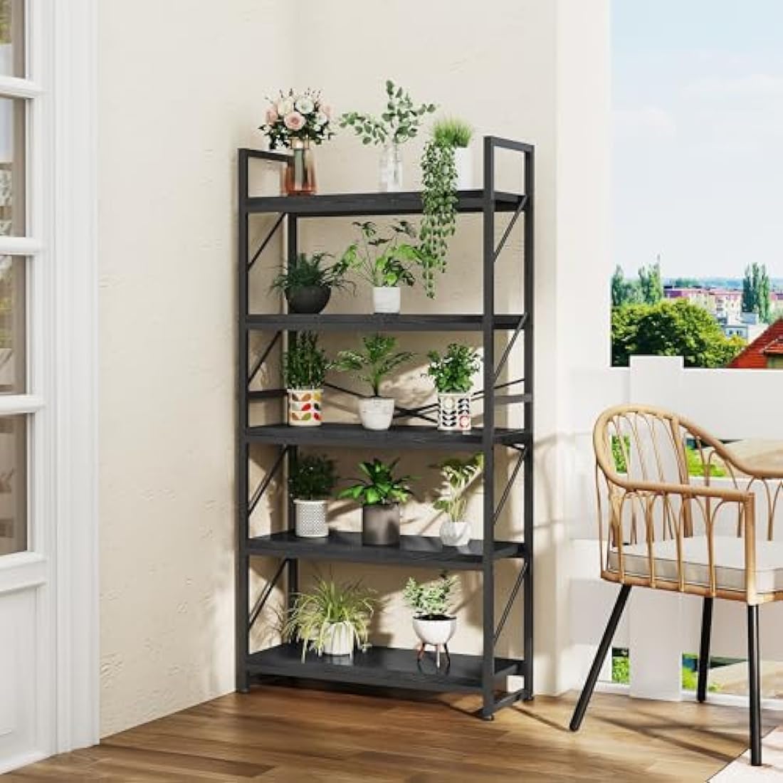 YITAHOME Bookcase 5 Tiers, Industrial Book Shelf Large Floorstanding Book case Wooden Shelf and Metal Frame Shelving Unit Display Storage Rack for Living Room, Home Office, Black Bookshelf