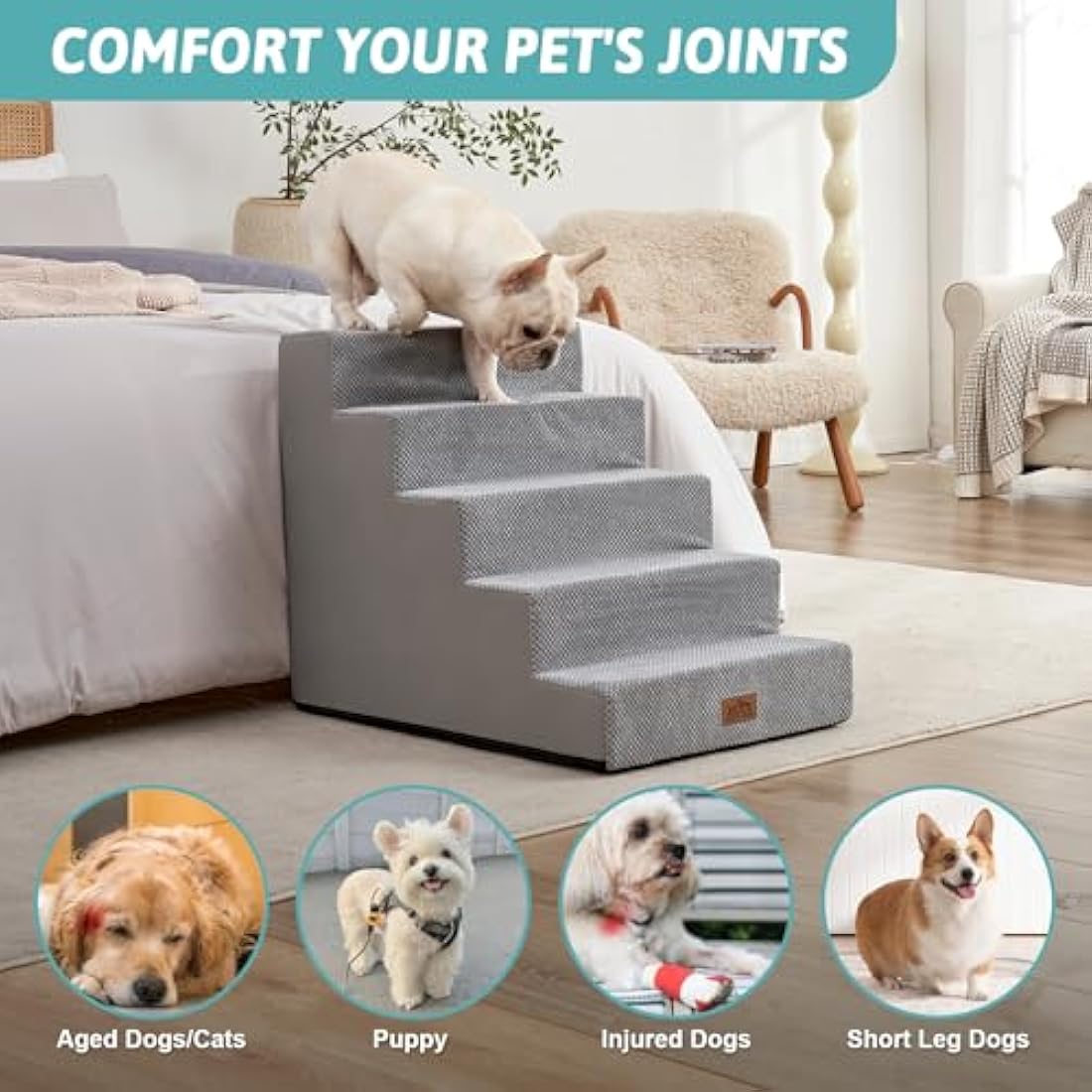 COZY KISS Wide Dog Stairs for Small Dogs, 19.7" Width Pet Stairs for High Bed Car, 60 cm High Non-Slip Dog Steps for Old Cats, Puppies, Small Medium Dogs, 75x50x60cm, 5 Tiers, Grey