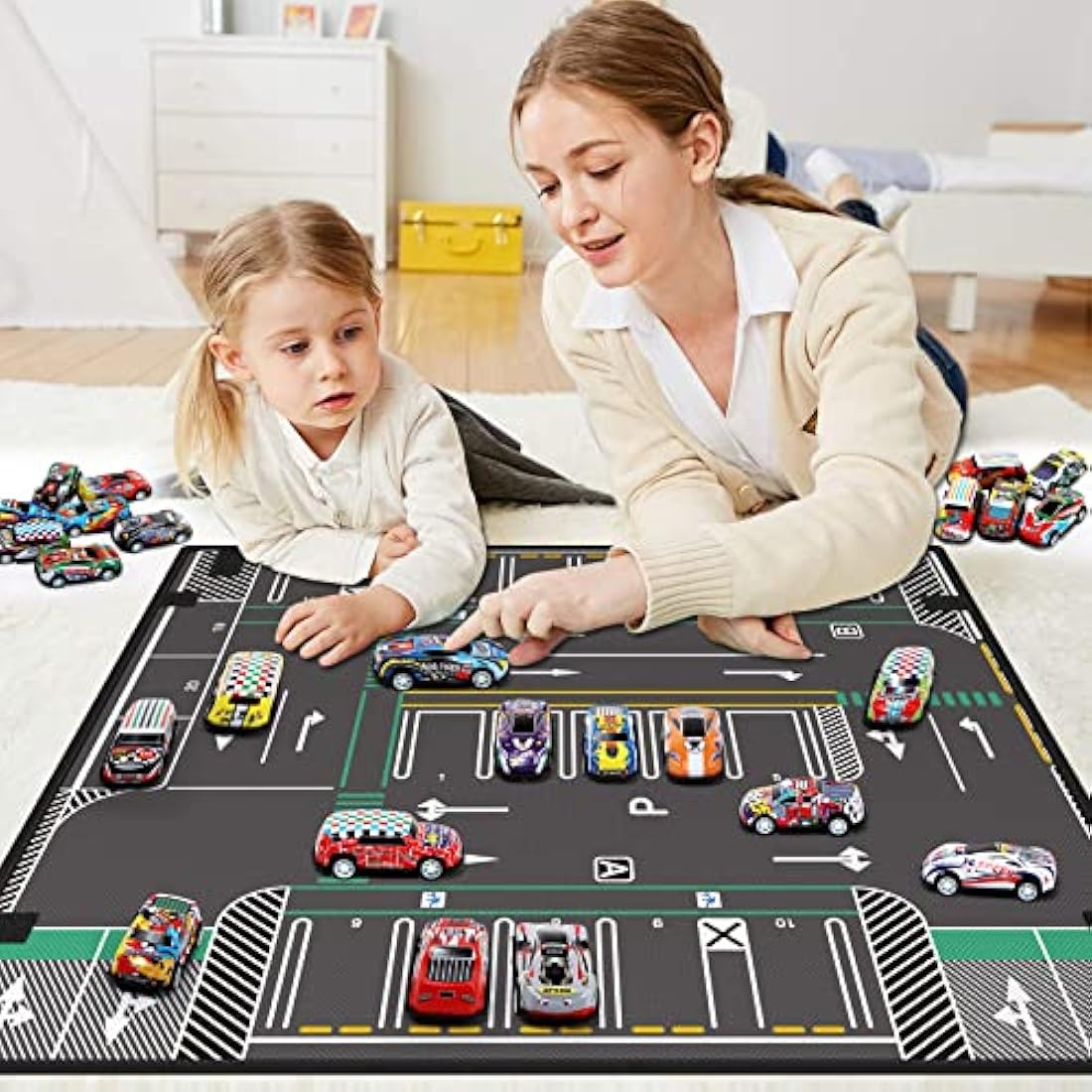 Veluoess Mini Cars Set, 40 Pieces Racing Cars Toy with Play Mat Foldable Storage Bag, for Kids Boys Girls 3 4 5 6 Years Old