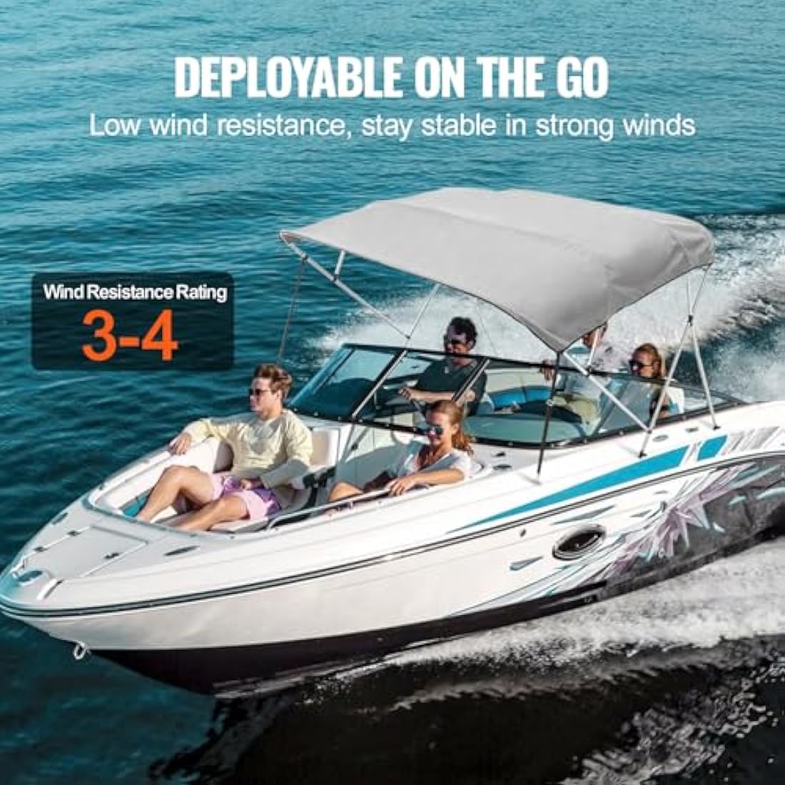 VEVOR 4 Bow Bimini Top Boat Cover, 900D Polyester Canopy with 1" Aluminum Alloy Frame, Waterproof and Sun Shade, Includes Storage Boot, 2 Support Poles, 4 Straps, 8'L x 54"H x 91"-96"W, Light Grey
