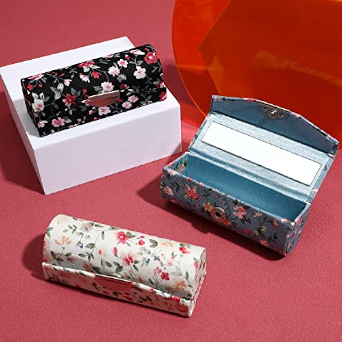 minkissy 4PCS Flower Pattern Lipstick Case Portable Lipstick Case with Mirror Vintage Holders (Black/White/Blue/Pink)