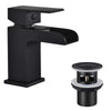 Funime Basin Mixer Taps Black Square with Slotted Pop-up Waste Waterfall Bathroom Sink Tap Brass Single Lever G1/2?? with Hoses Semi-Open Hot and Cold