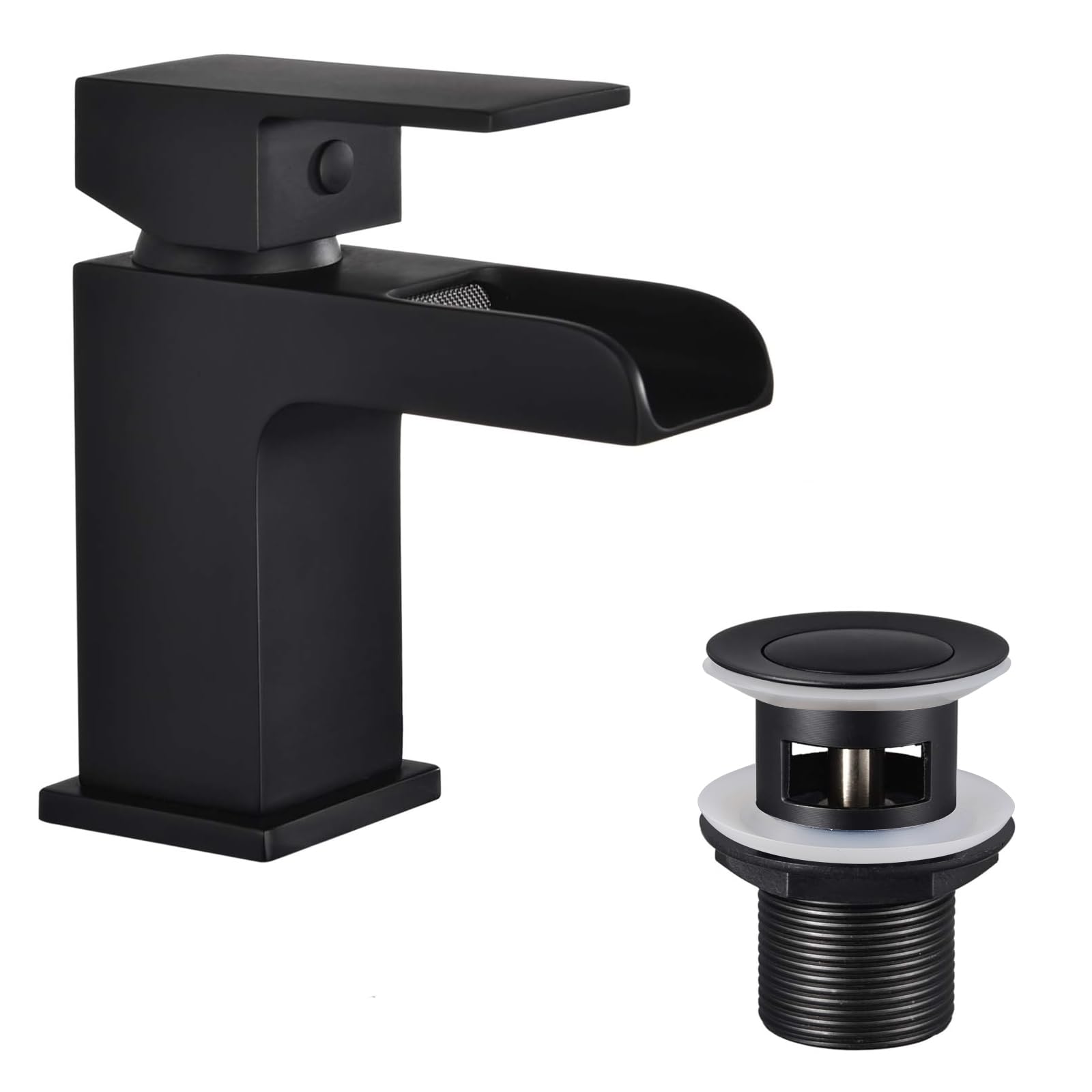 Funime Basin Mixer Taps Black Square with Slotted Pop-up Waste Waterfall Bathroom Sink Tap Brass Single Lever G1/2?? with Hoses Semi-Open Hot and Cold