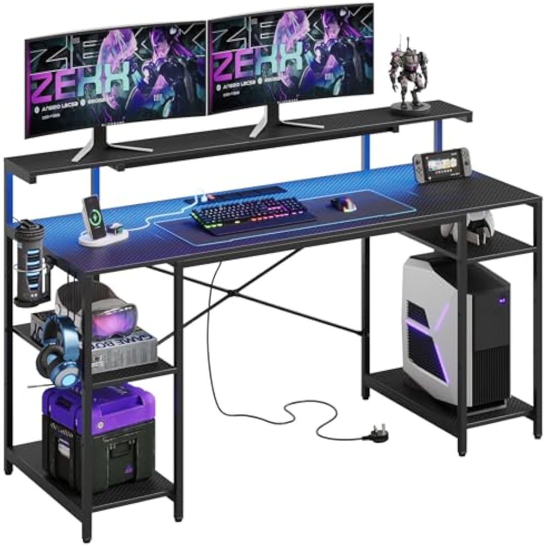 Bestier 140 CM Computer Desk with Power Outlets & LED Lights with Monitor Shelf Gaming Desk with Shelves Writing Desk with Storage Office Desk &Workstation for Home Office Bedroom