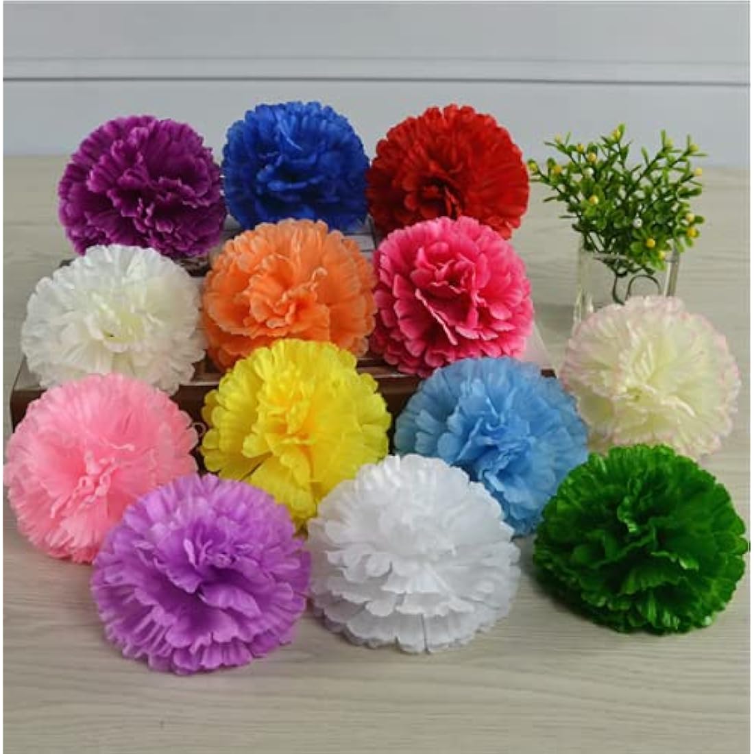Rikyo 50 Artificial Silk Carnation Flower Head with Stems Set,Vase Fillers for Home Decor Party Birthday Cake Ornaments,Handmade Wrist Corsage, 3''Multiple Petals Heads & 8'' (Champagne)
