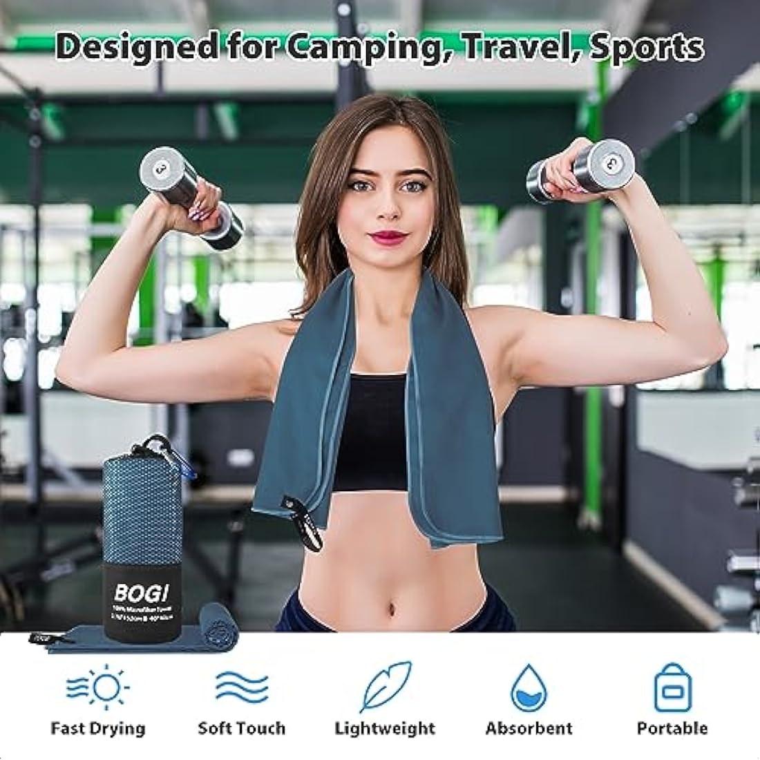 BOGI Microfibre Quick Dry Travel Towel - Soft Lightweight Gym Towel, Super Absorbent & Ultra Compact for Beach, Sports, Swimming, Gym, Yoga, Camping, Hiking