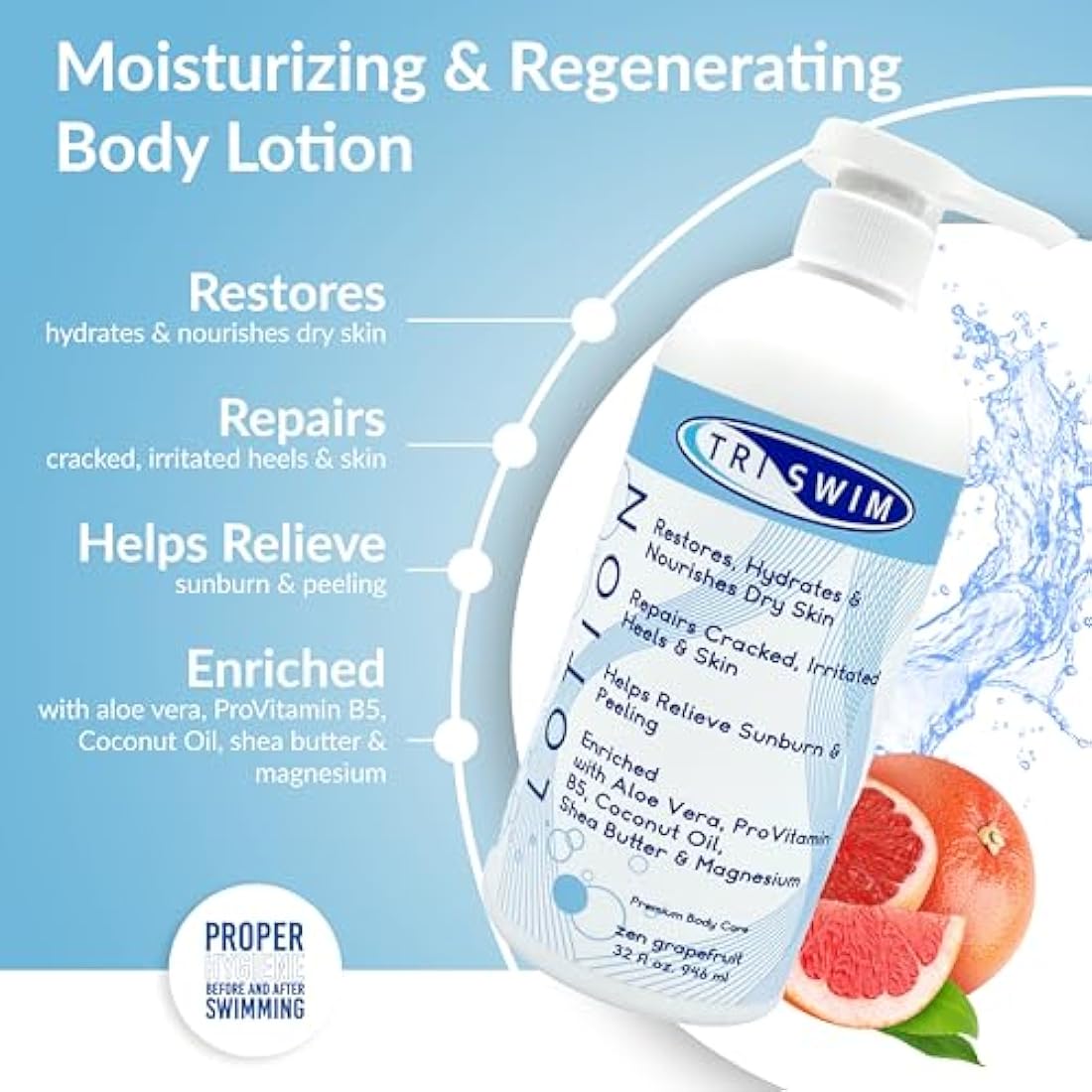 TRISWIM Skin Regenerating Body Lotion | After Swim Care | Body Moisturiser For Dry Skin | Magnesium Enriched | Moisturizing After Pool Vegan Body Lotion For Swimmers | Moisturiser Body (946 ml)