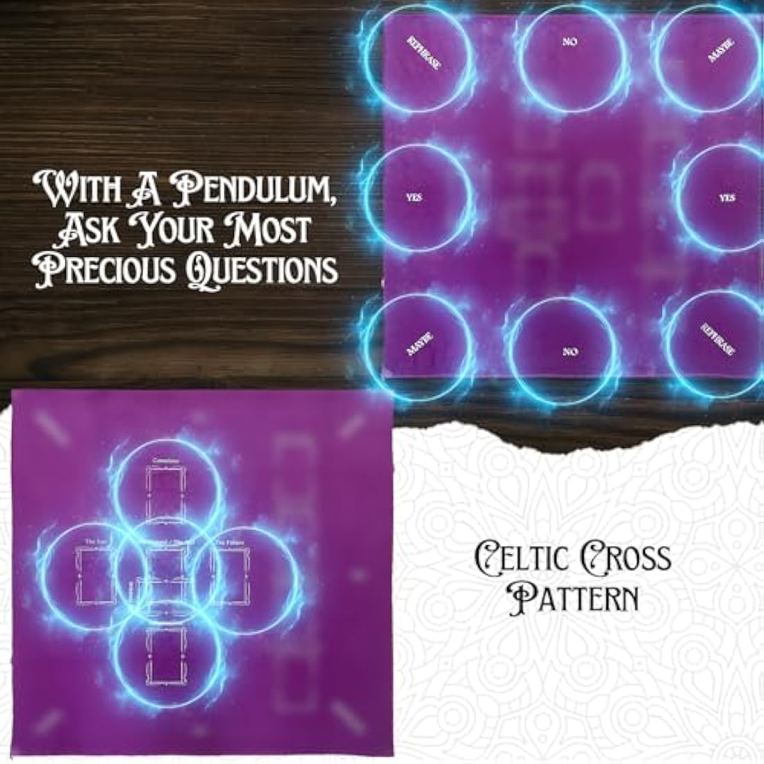 Nevkha Tarot Divination, Table Card Reading Cloth - Purple Velvet with Celtic Cross Pattern & Pendulum Mat - Large 27 x 27 Inches