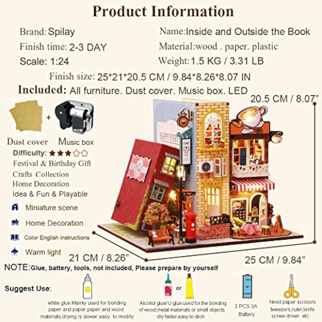 Spilay Diy Miniature House Kit, Wooden Dolls House Kit, Handmade Mini Crafts Book Nook Model with Dust Cover & Music Box, 1:24 Creative Room Idea Gift for Adult Friend Lover ES007