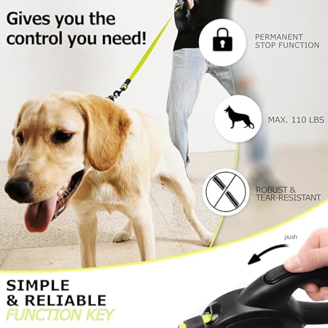 bluzelle 8m / 26ft Retractable Leash for Dogs up to 50kg / 110lbs, Bright Neon Yellow Reflector Nylon Belt with 360° Snap Hook Metal, Reliable Braking One-Hand Ergonomic Rubberized Handle, Black