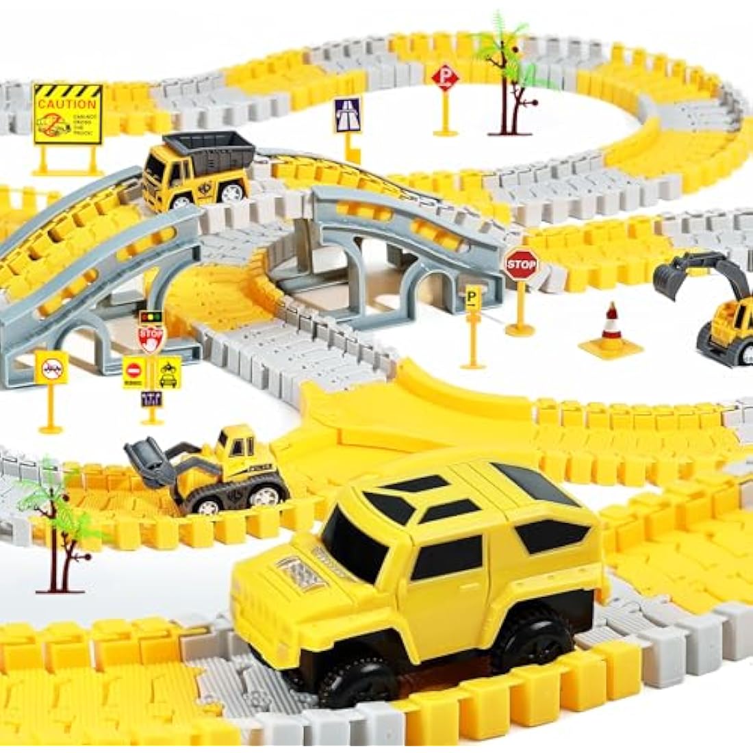 BBLIKE 255 PCS Construction Race Tracks Toy for 3 4 5 6 7 Age Year Old Boys Girls, 3 Trucks 1 Race Cars and Flexible DIY Track Set Create A Engineering Road Games Presents Toddler Toys Birthday Gifts