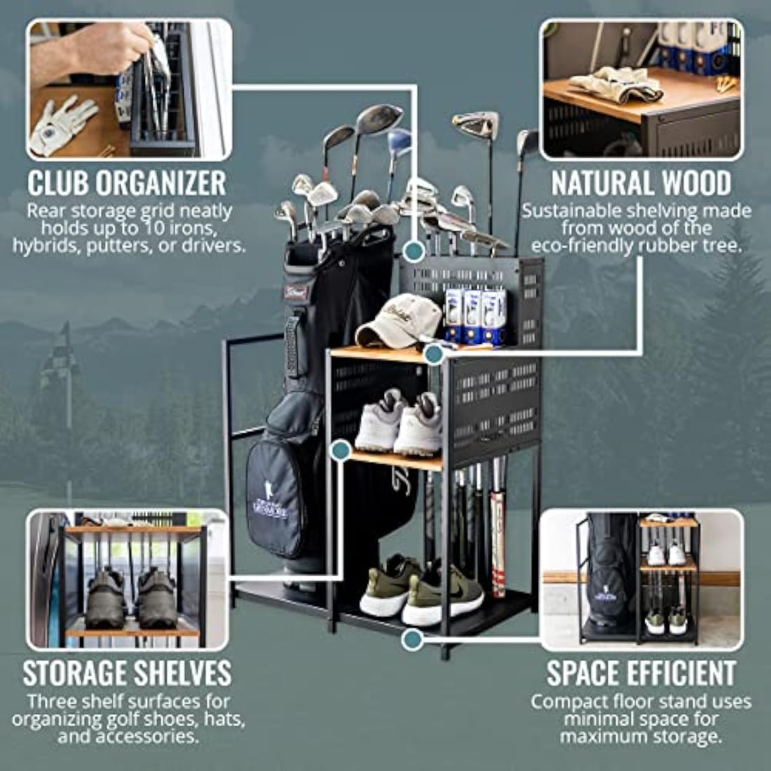 Teal Triangle Freestanding Golf Club Organizer, Stylish Heavy Duty Garage Storage Floor Stand, Holds Golf Bags Shoes Clubs Balls and More