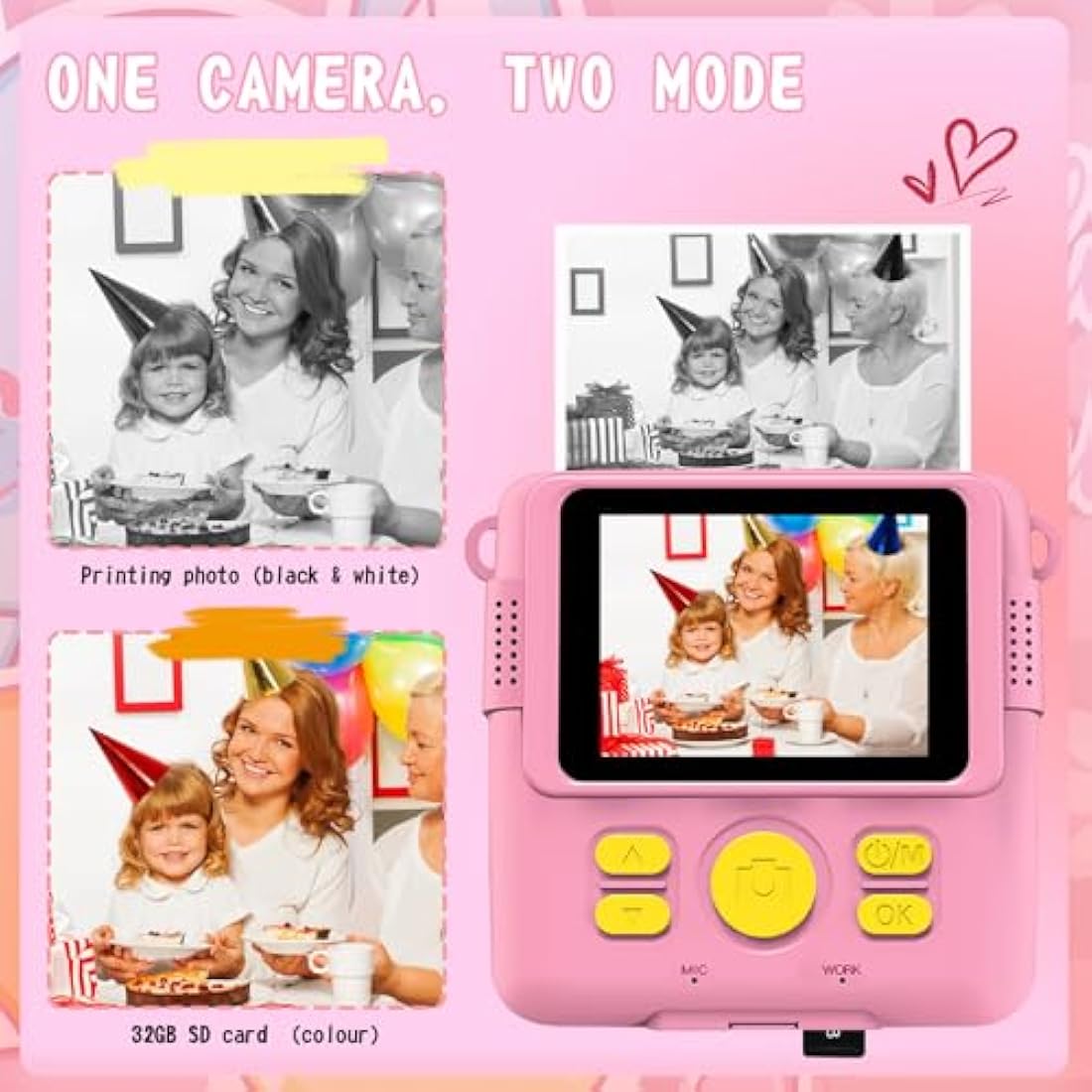 Kids Camera for Girls Boys, Kids Instant Print Camera Toy, 2.4" Screen, 1080P HD Kids Digital Camera with 3 Rolls Photo Paper, Birthday Gifts for 3 4 5 6 7 8 9 10+ Year Old, 6 Color Pen, 32GB SD Card